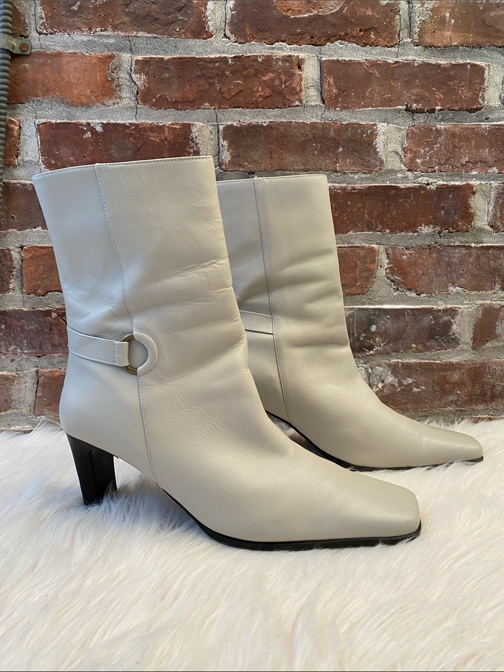 Markon "Wanda" Mid-Calf Square Toe Heeled Boots in Light Gray/Cream, Size 12